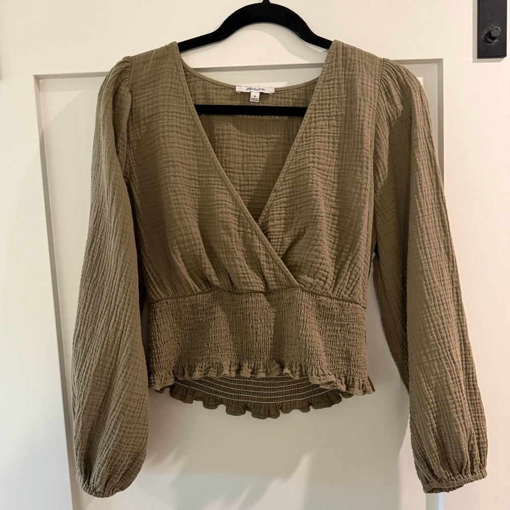 Madewell Lightspun Julianne Smocked-Waist Top Olive Green Medium